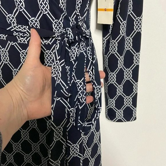 Navy Blue White Chain Link True Wrap Dress Small Timeless Classic Party Career - Picture 6 of 13